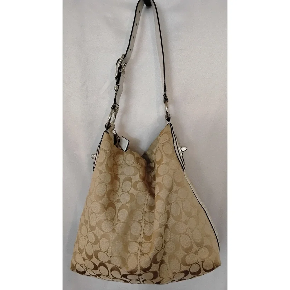 Coach F16538 Signature Jacquard Hobo Shoulder Bag White Leather Trim